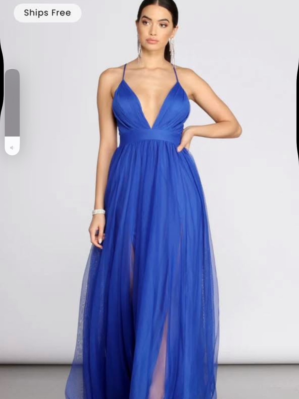 Windsor Cobalt Blue Plunging V-Neck Tulle Maxi Dress